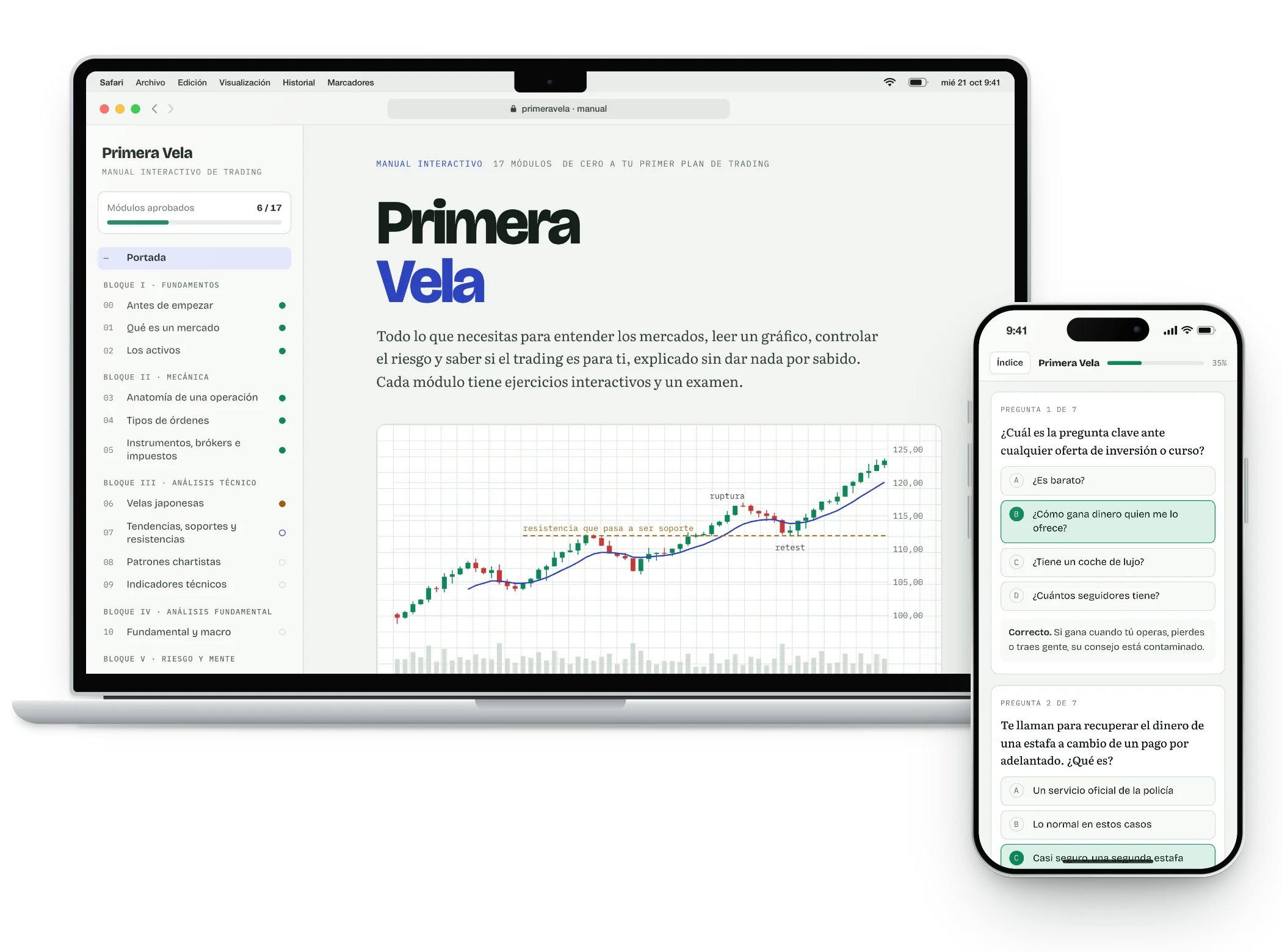 El manual Primera Vela abierto en un portátil, en la portada, y en un móvil, en un examen con la respuesta correcta marcada