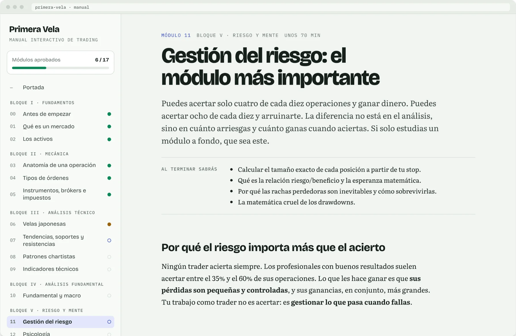 Módulo 11 del manual: Gestión del riesgo, con el índice de módulos a la izquierda